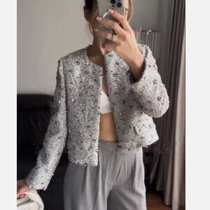 Zara sequin cropped silver jacket